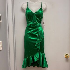 Emerald Sundae Satin Emerald Green Ruffle Midi Cocktail Dress – Size Small